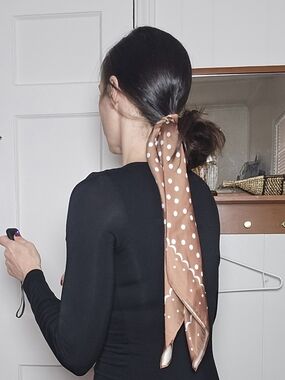 Anthropologie Brown And White Polkadot Satin Hair Tie Scarf